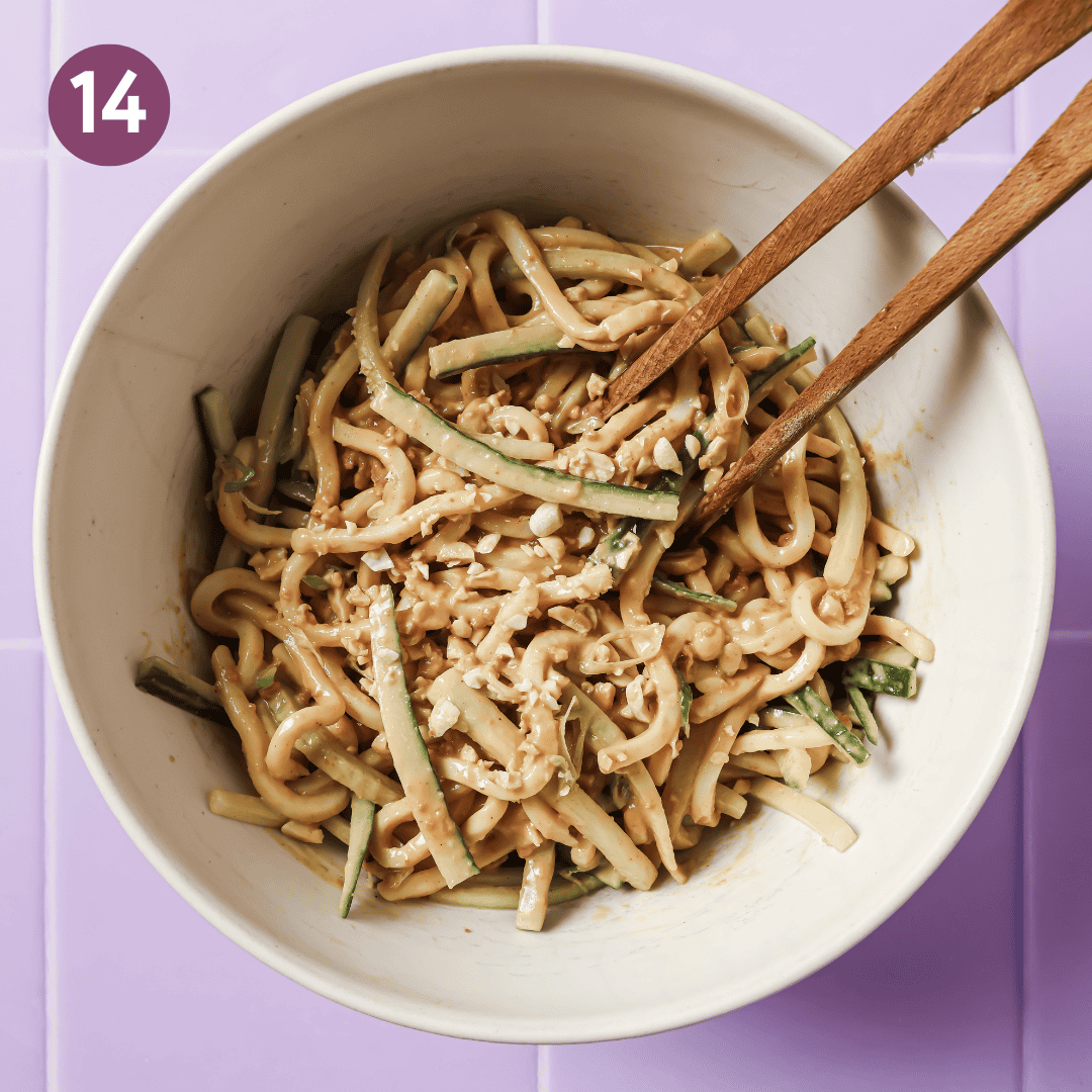 fully mixed peanut noodle bowl.