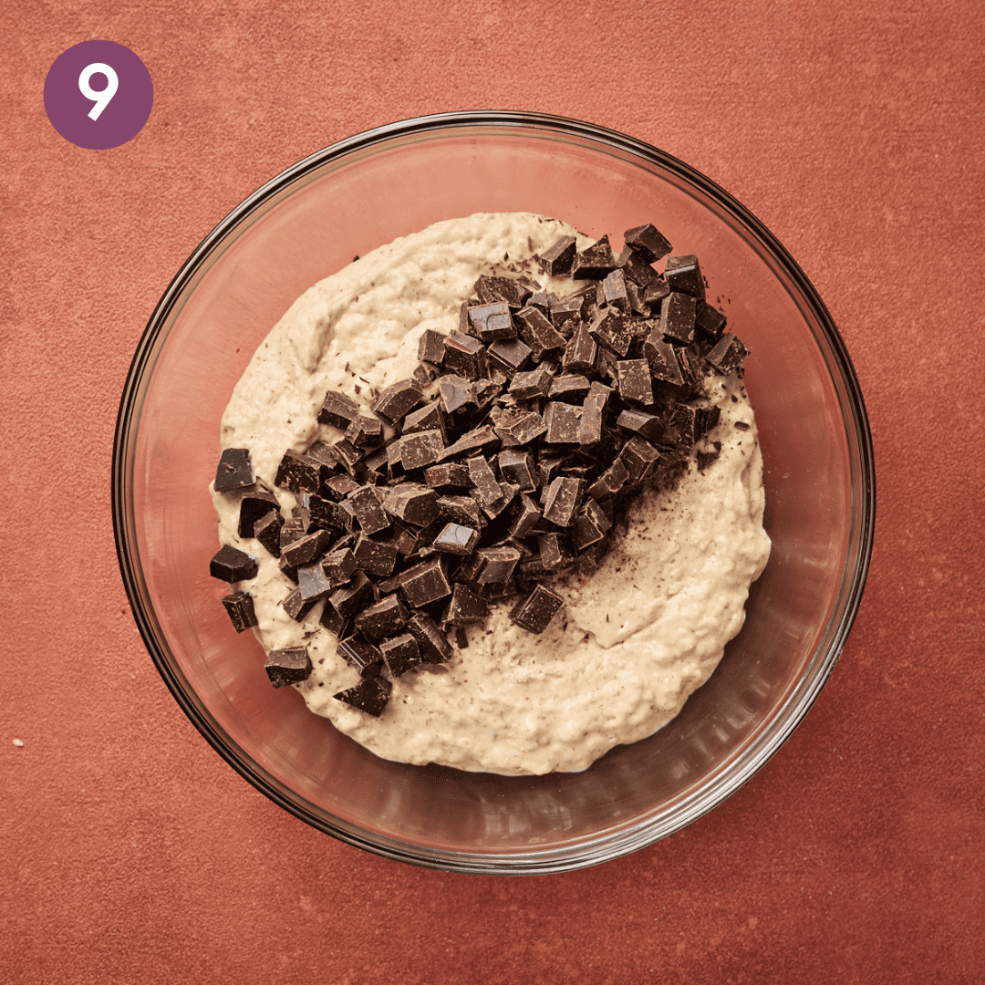 chocolate chips on top of batter in a bowl.