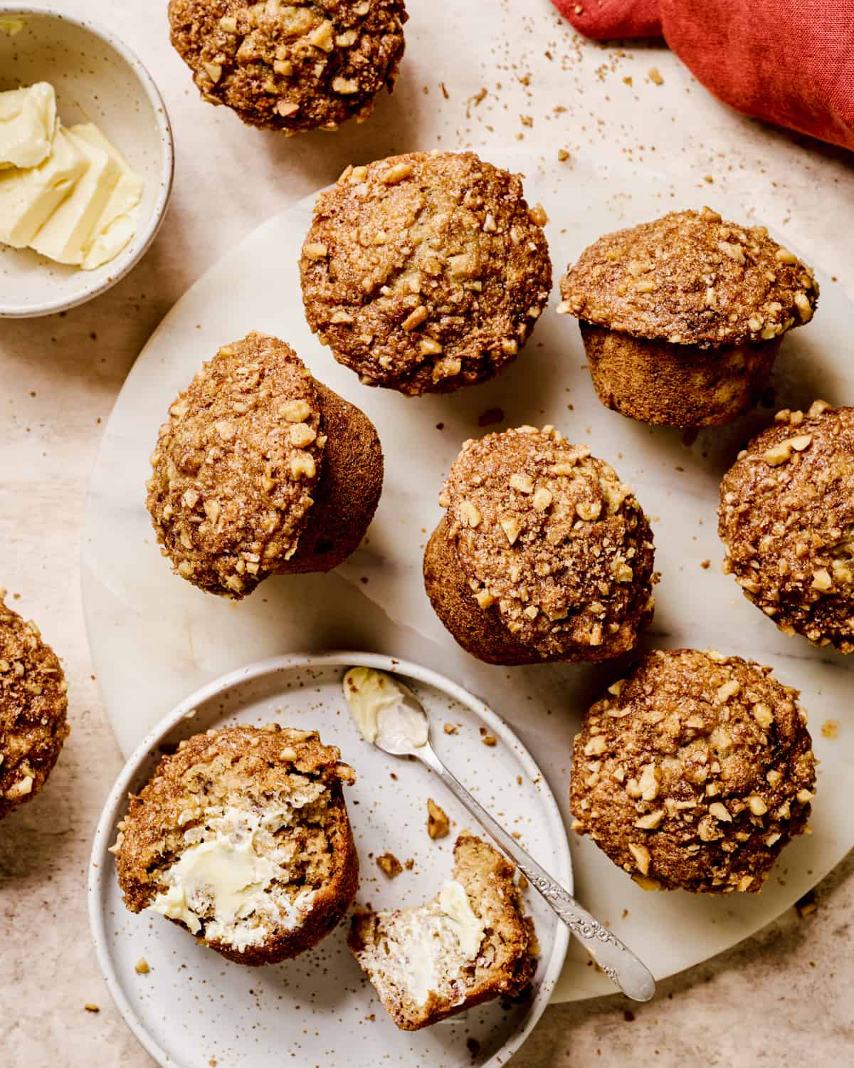 Baked banana muffins on a serving platter.
